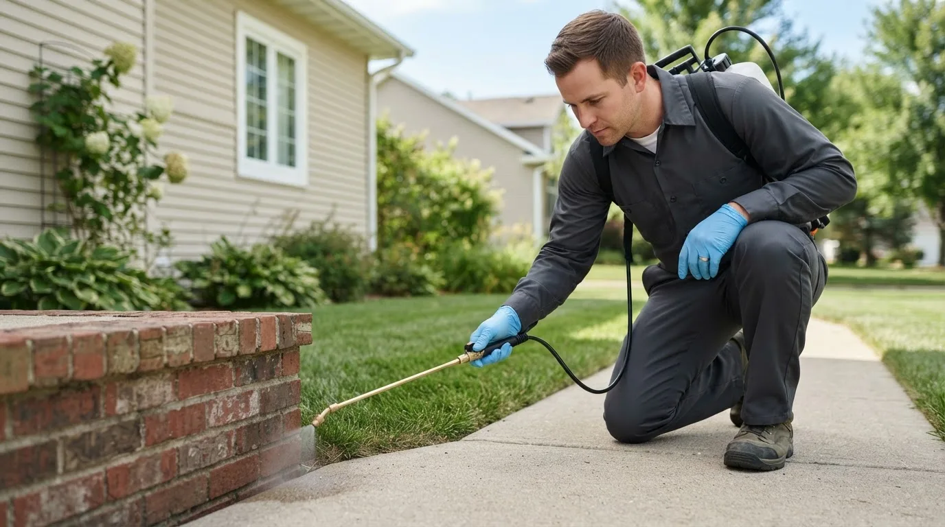 Pest control technician treating a home near Salineno, TX