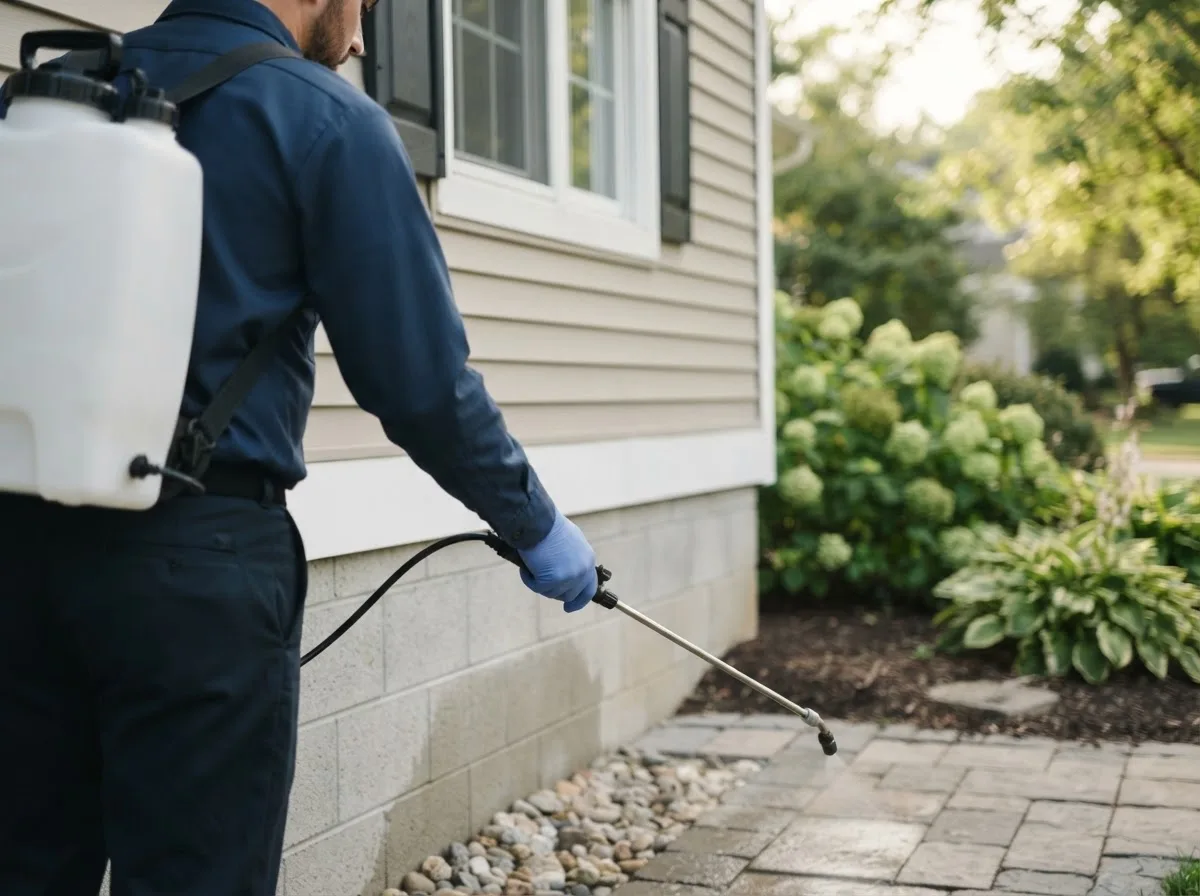 Pest control technician inspecting a home in Salineno, TX